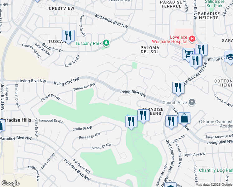 map of restaurants, bars, coffee shops, grocery stores, and more near 10260 Rempas Drive Northwest in Albuquerque