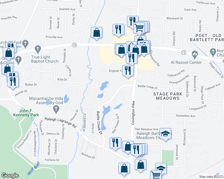 map of restaurants, bars, coffee shops, grocery stores, and more near 2779 Battle Creek Drive in Memphis