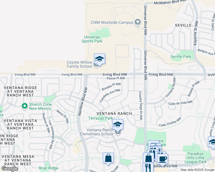 map of restaurants, bars, coffee shops, grocery stores, and more near 10505 Trieste Court Northwest in Albuquerque