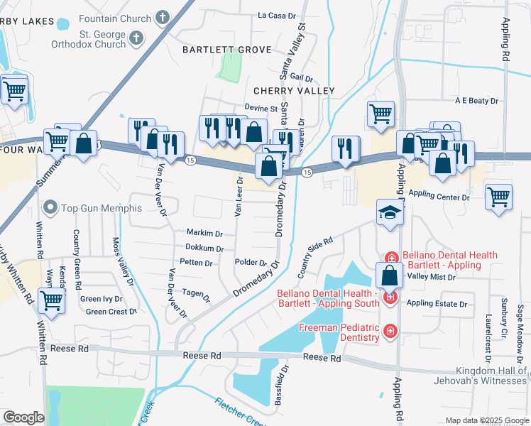 map of restaurants, bars, coffee shops, grocery stores, and more near 7204 Volendam Cove in Memphis
