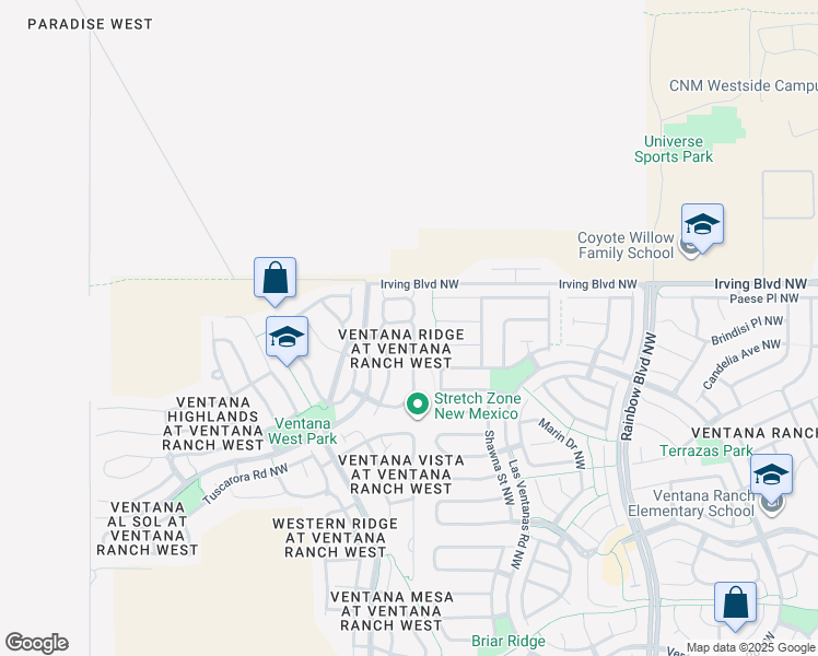 map of restaurants, bars, coffee shops, grocery stores, and more near 7800 7 Springs Road Northwest in Albuquerque