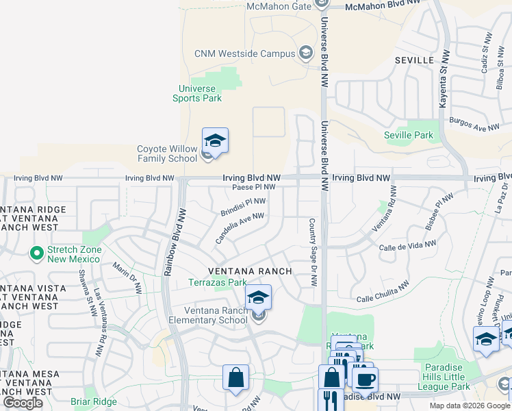 map of restaurants, bars, coffee shops, grocery stores, and more near 6901 Brindisi Place in Albuquerque