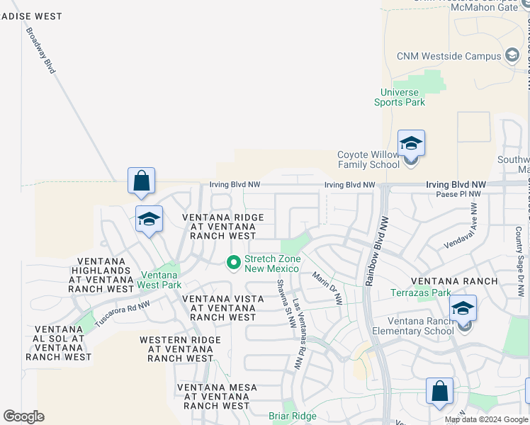 map of restaurants, bars, coffee shops, grocery stores, and more near 7612 Wood Stork Court Northwest in Albuquerque