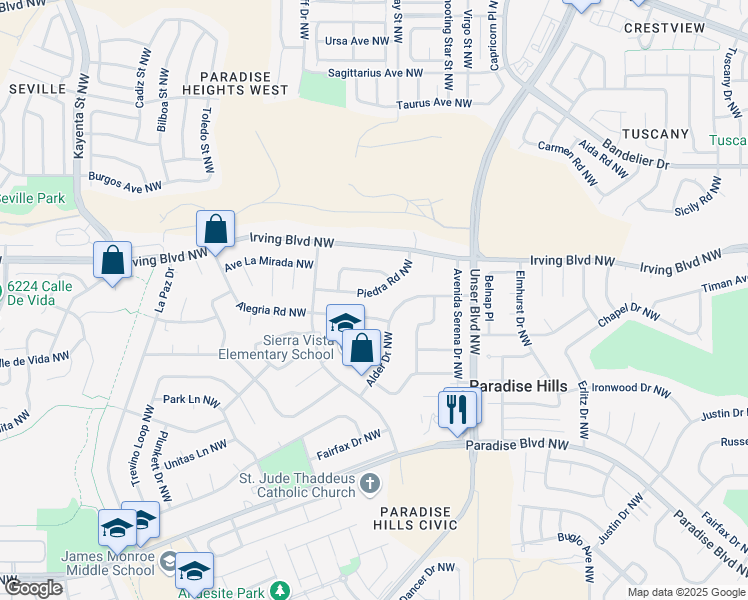 map of restaurants, bars, coffee shops, grocery stores, and more near 5732 Piedra Road Northwest in Albuquerque