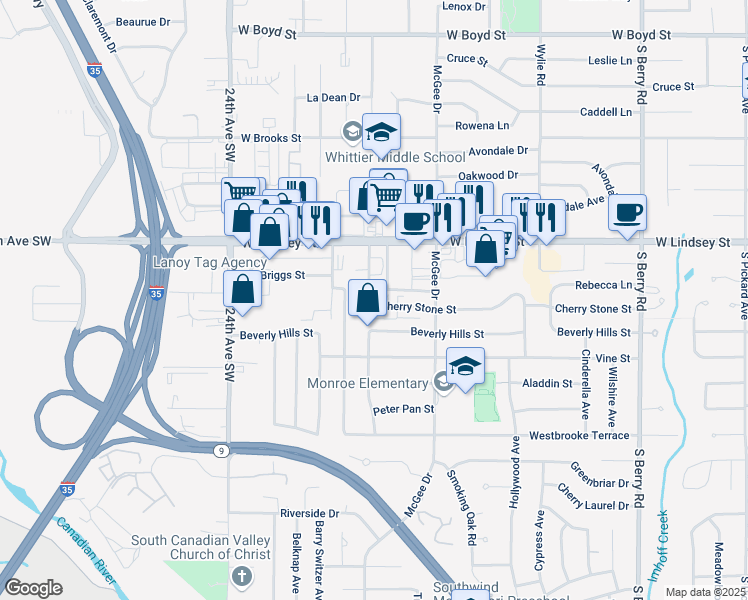 map of restaurants, bars, coffee shops, grocery stores, and more near 1925 Cherry Stone Street in Norman