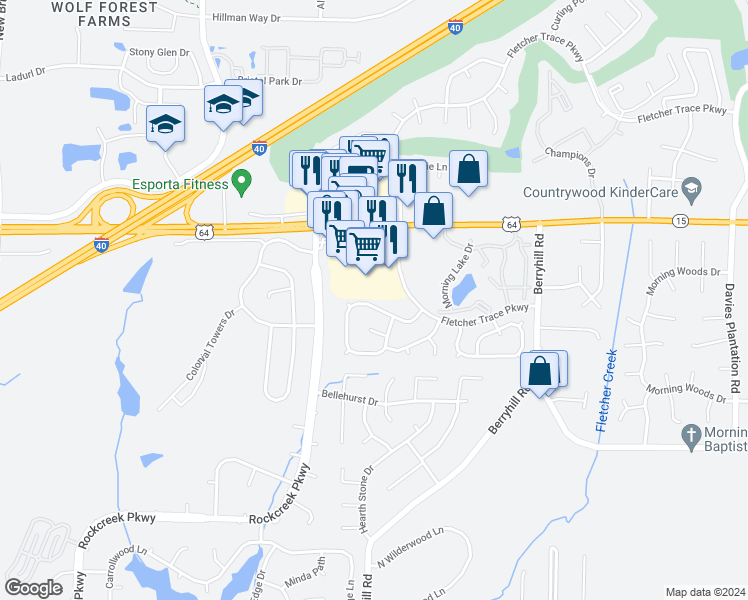 map of restaurants, bars, coffee shops, grocery stores, and more near 9034 Fletcher Park Circle North in Memphis