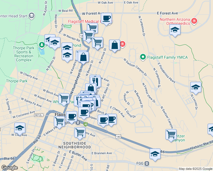 map of restaurants, bars, coffee shops, grocery stores, and more near 507 North Agassiz Street in Flagstaff