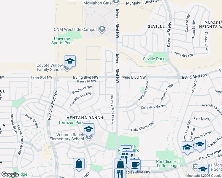 map of restaurants, bars, coffee shops, grocery stores, and more near 6616 Country Hills Court Northwest in Albuquerque