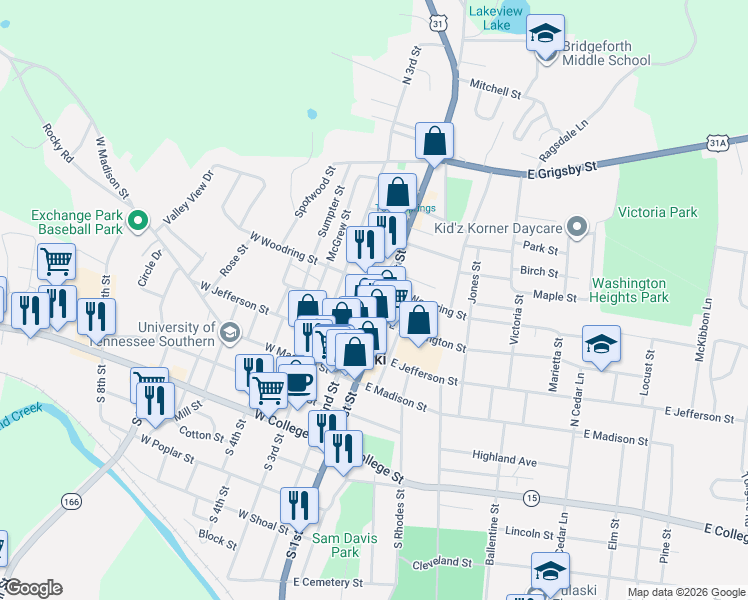 map of restaurants, bars, coffee shops, grocery stores, and more near 315 North 2nd Street in Pulaski