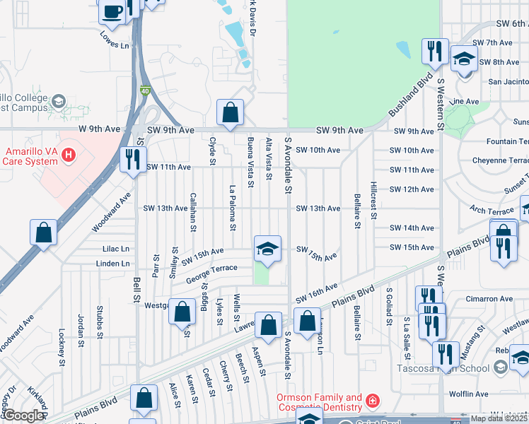 map of restaurants, bars, coffee shops, grocery stores, and more near 1300 Alta Vista Street in Amarillo