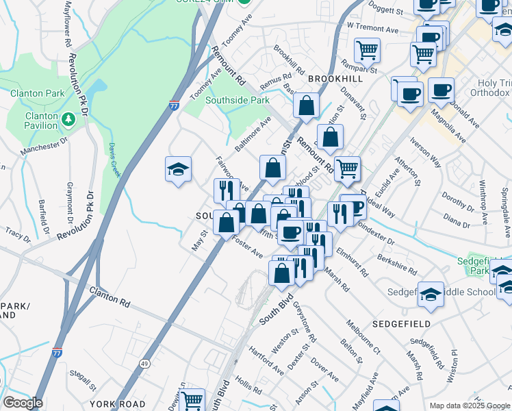 map of restaurants, bars, coffee shops, grocery stores, and more near 2923 South Tryon Street in Charlotte