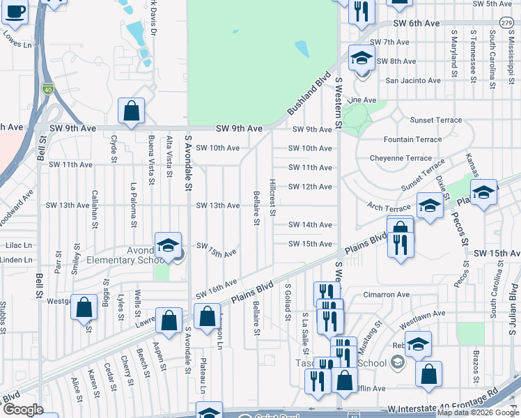 map of restaurants, bars, coffee shops, grocery stores, and more near 1301 Bellaire Street in Amarillo