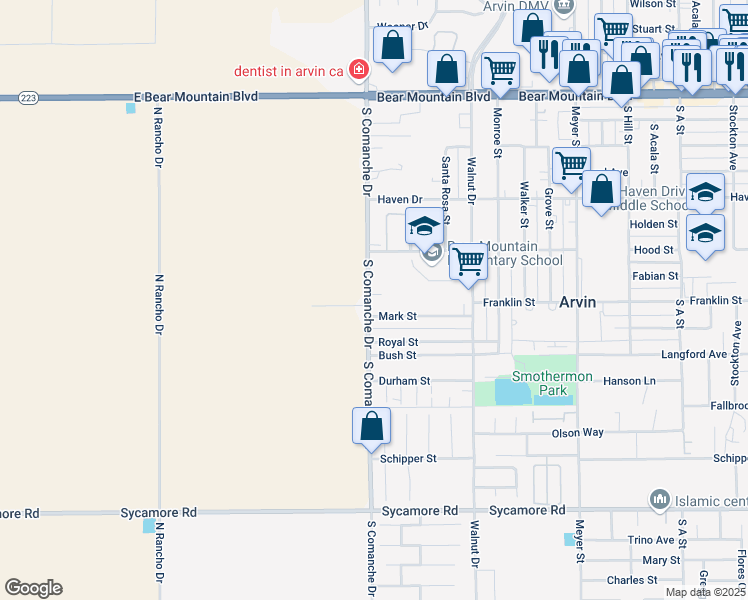 map of restaurants, bars, coffee shops, grocery stores, and more near 698 South Comanche Drive in Arvin
