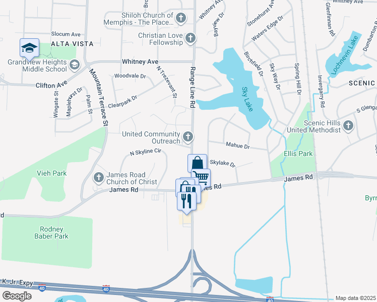 map of restaurants, bars, coffee shops, grocery stores, and more near 2793 Range Line Road in Memphis