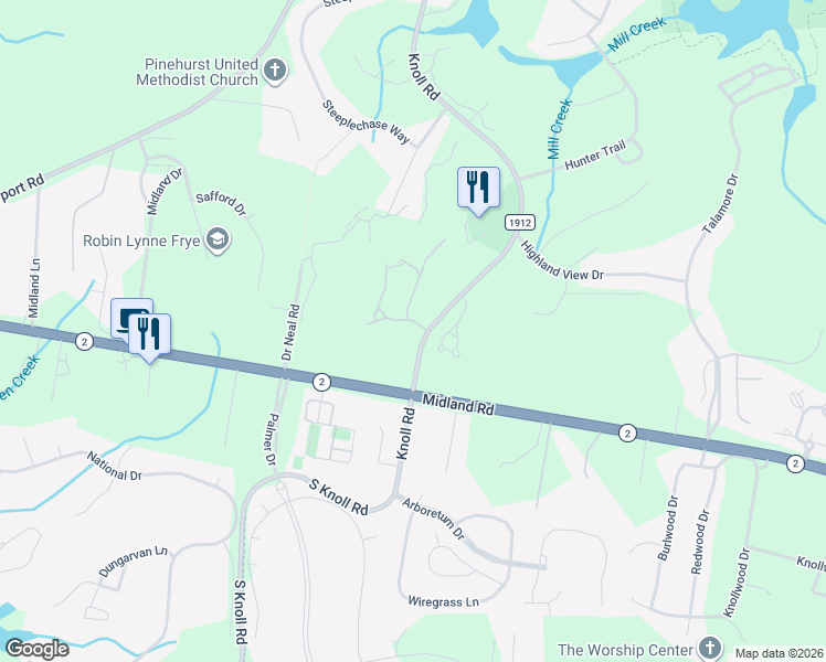 map of restaurants, bars, coffee shops, grocery stores, and more near 212 Starland Lane in Southern Pines