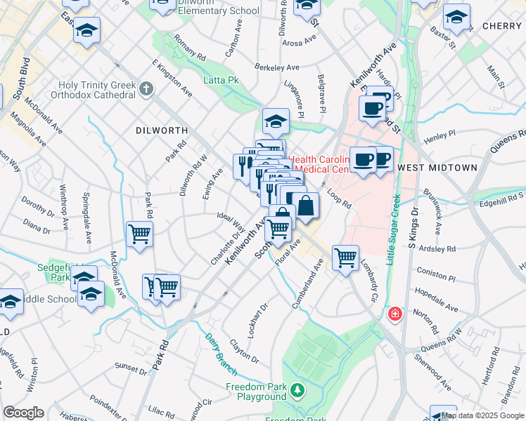 map of restaurants, bars, coffee shops, grocery stores, and more near 1246 East Boulevard in Charlotte