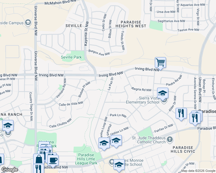 map of restaurants, bars, coffee shops, grocery stores, and more near 10409 La Paz Drive in Albuquerque