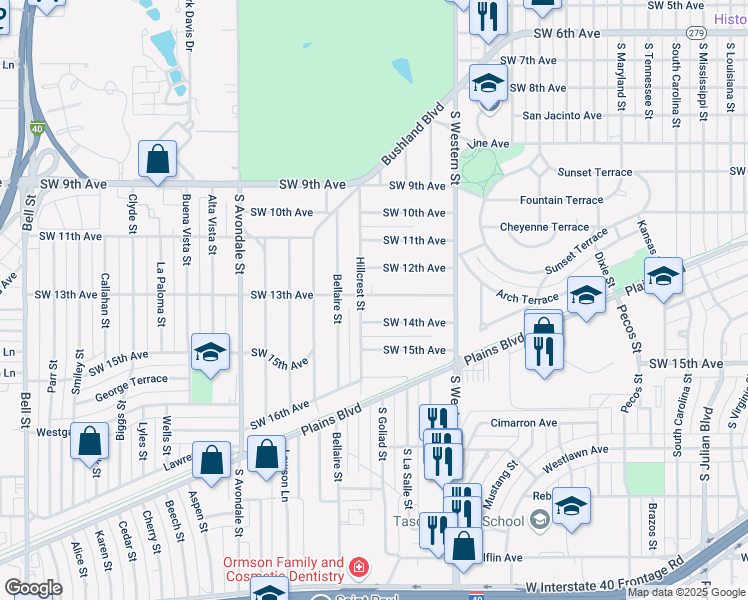map of restaurants, bars, coffee shops, grocery stores, and more near 4247 Southwest 13th Avenue in Amarillo