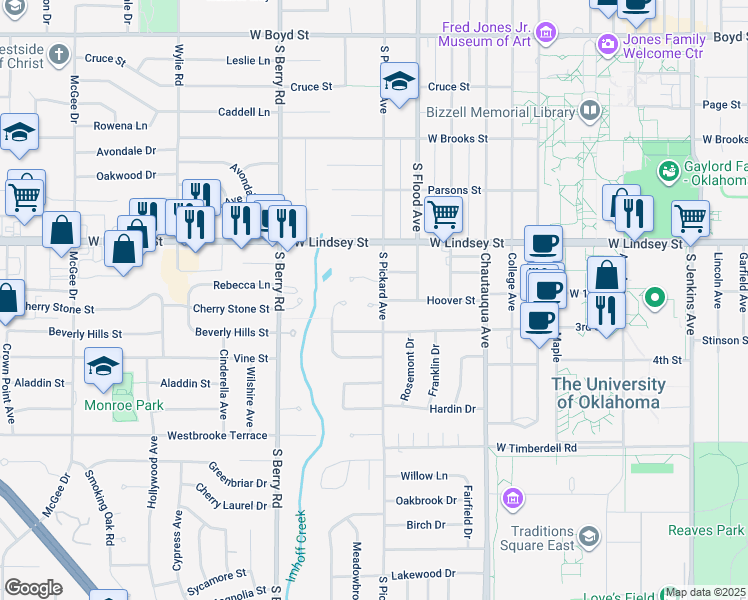 map of restaurants, bars, coffee shops, grocery stores, and more near 1007 Greenway Cir in Norman