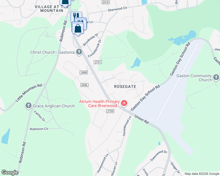 map of restaurants, bars, coffee shops, grocery stores, and more near 3074 Robusta Court in Gastonia