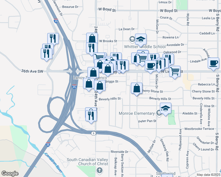 map of restaurants, bars, coffee shops, grocery stores, and more near 1315 24th Avenue Southwest in Norman