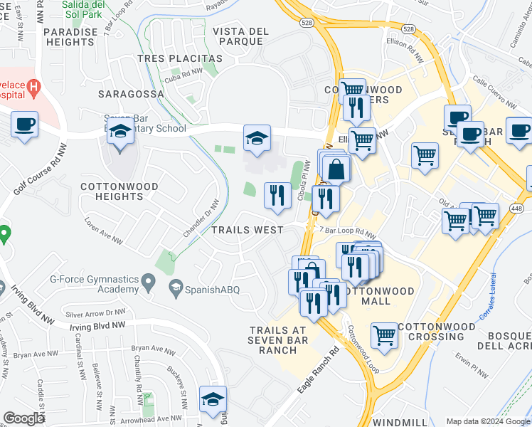 map of restaurants, bars, coffee shops, grocery stores, and more near 3827 Suntrail Road Northwest in Albuquerque