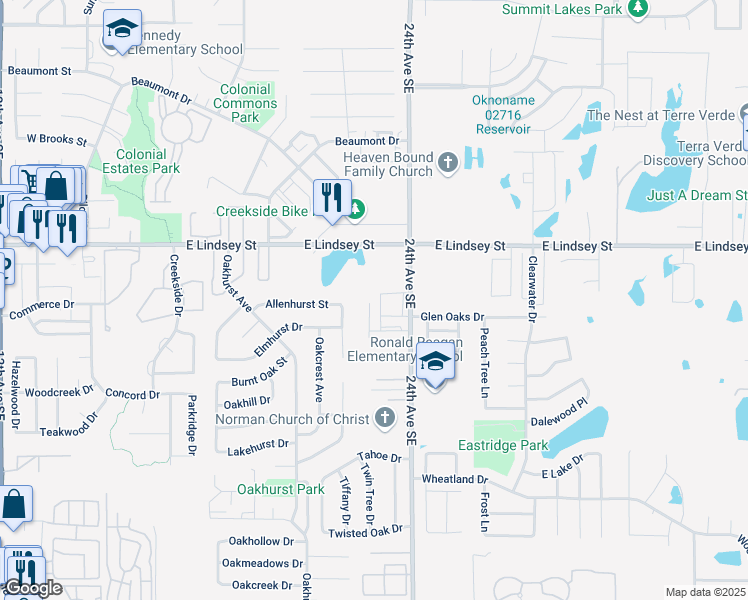 map of restaurants, bars, coffee shops, grocery stores, and more near 1305 Glen Oaks Court in Norman