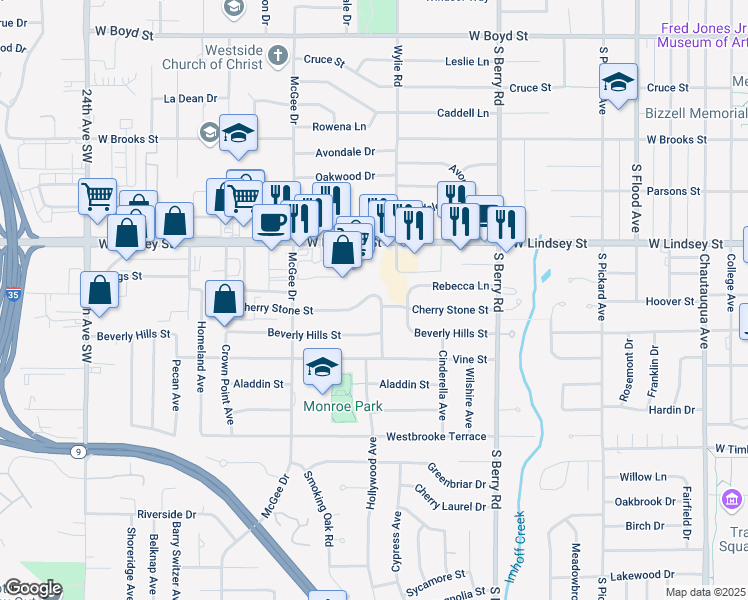 map of restaurants, bars, coffee shops, grocery stores, and more near 1520 Cherry Stone Street in Norman