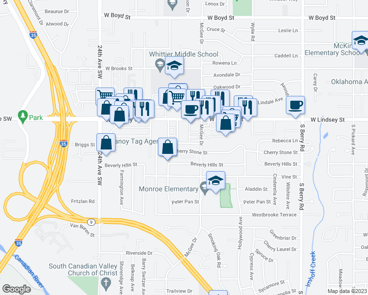 map of restaurants, bars, coffee shops, grocery stores, and more near 1831 Cherry Stone Street in Norman