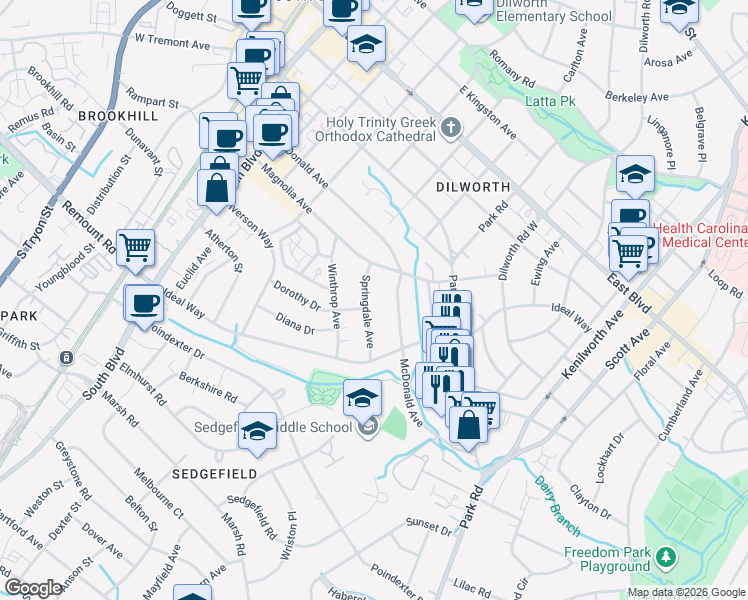map of restaurants, bars, coffee shops, grocery stores, and more near 2227 Springdale Avenue in Charlotte