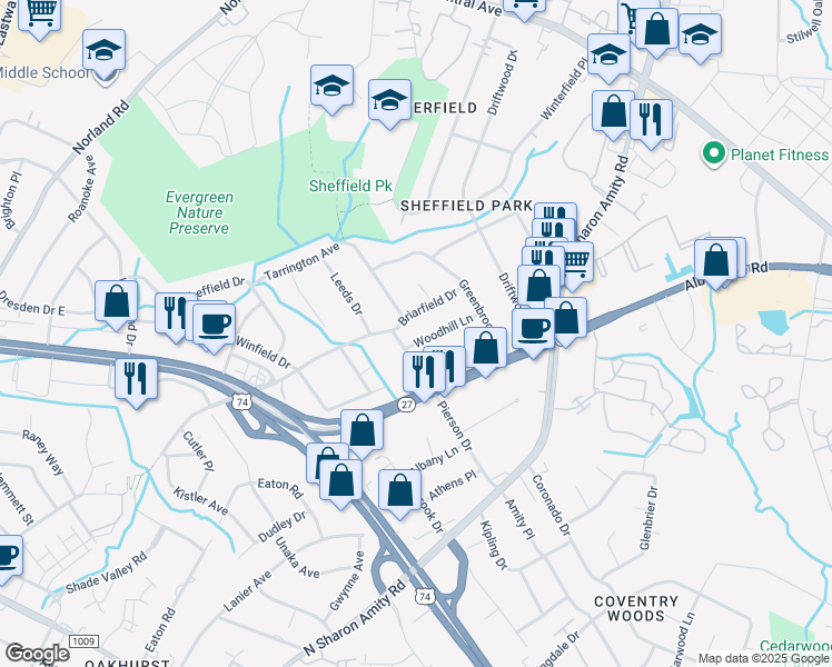 map of restaurants, bars, coffee shops, grocery stores, and more near 1413 Woodhill Lane in Charlotte