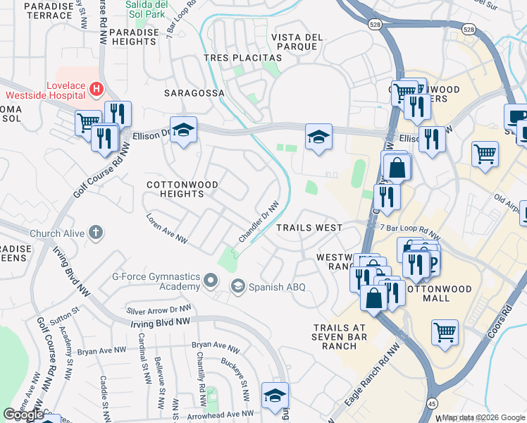 map of restaurants, bars, coffee shops, grocery stores, and more near 10427 Chandler Drive in Albuquerque