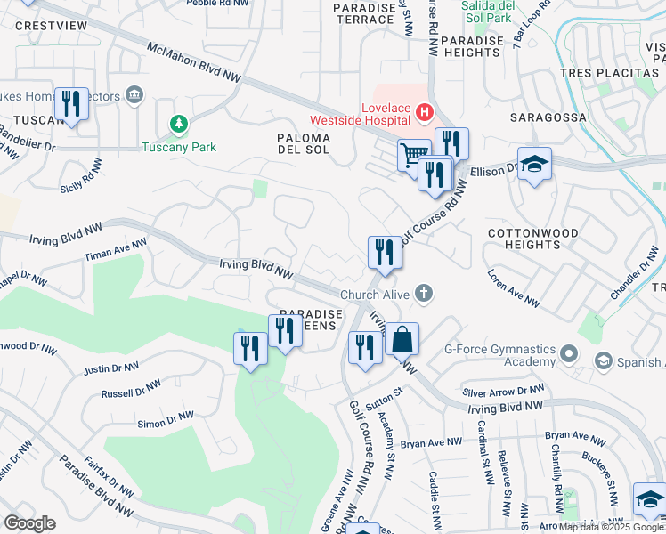 map of restaurants, bars, coffee shops, grocery stores, and more near 4701 Irving Boulevard Northwest in Albuquerque