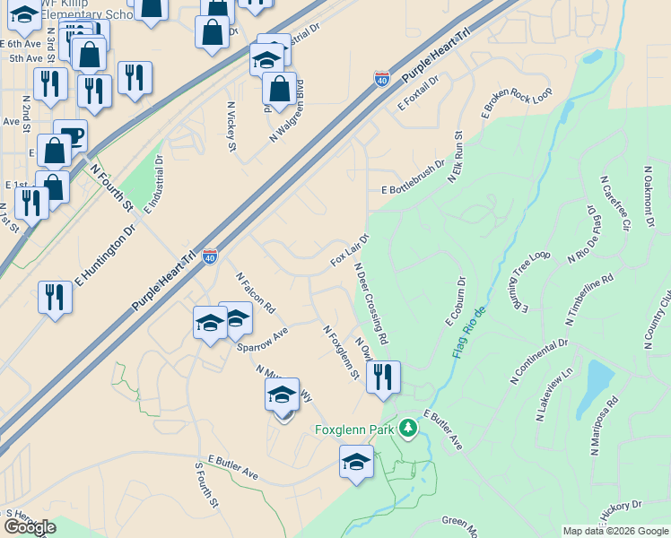 map of restaurants, bars, coffee shops, grocery stores, and more near 3626 Fox Lair Drive in Flagstaff