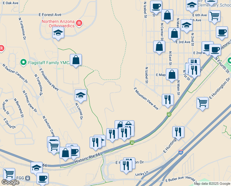 map of restaurants, bars, coffee shops, grocery stores, and more near 1600 Historic Route 66 in Flagstaff
