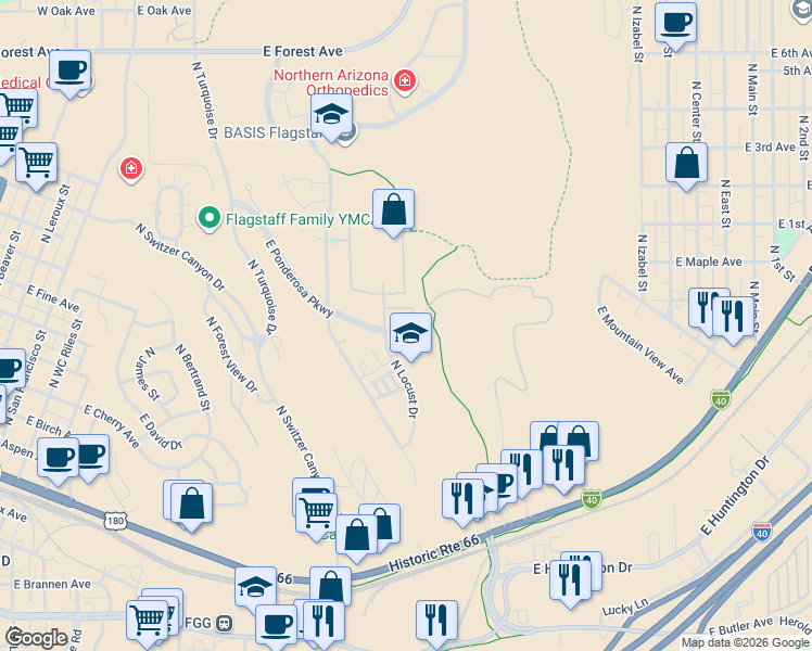 map of restaurants, bars, coffee shops, grocery stores, and more near 1201 East Ponderosa Parkway in Flagstaff