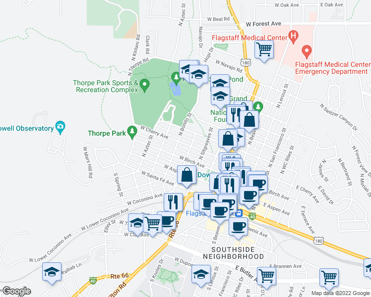 map of restaurants, bars, coffee shops, grocery stores, and more near 515 West Cherry Avenue in Flagstaff