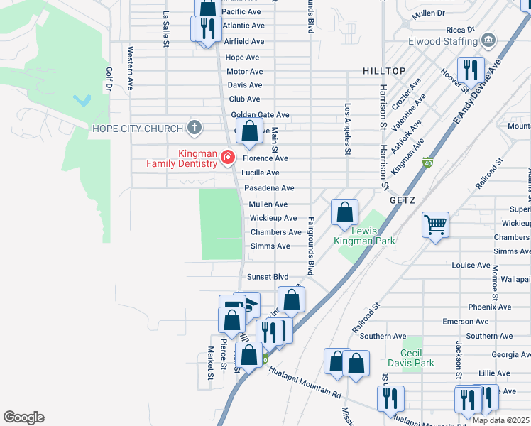 map of restaurants, bars, coffee shops, grocery stores, and more near 1511 Main Street in Kingman