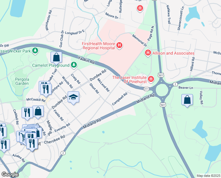 map of restaurants, bars, coffee shops, grocery stores, and more near 10 McLeod Road in Pinehurst