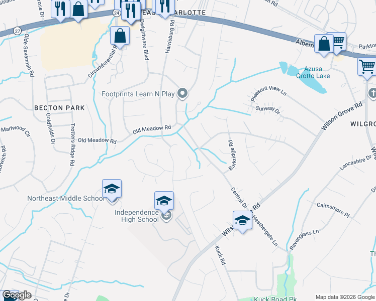 map of restaurants, bars, coffee shops, grocery stores, and more near 9418 Central Drive in Mint Hill