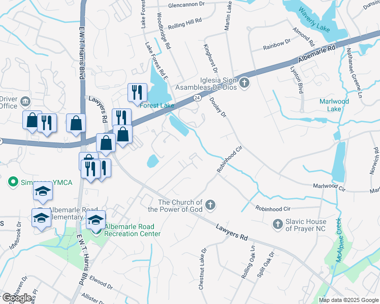 map of restaurants, bars, coffee shops, grocery stores, and more near 7165 Stonington Lane in Charlotte