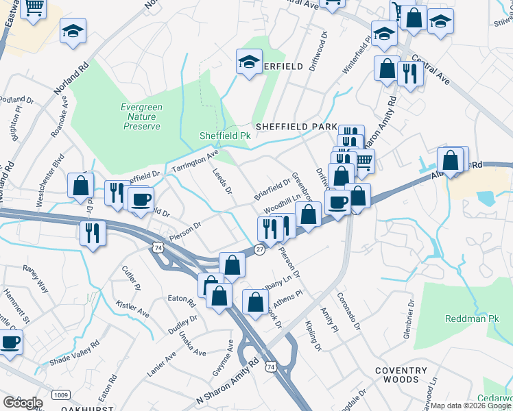 map of restaurants, bars, coffee shops, grocery stores, and more near 1413 Woodhill Lane in Charlotte