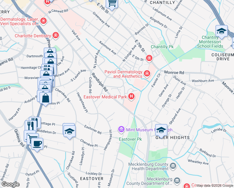 map of restaurants, bars, coffee shops, grocery stores, and more near in Charlotte