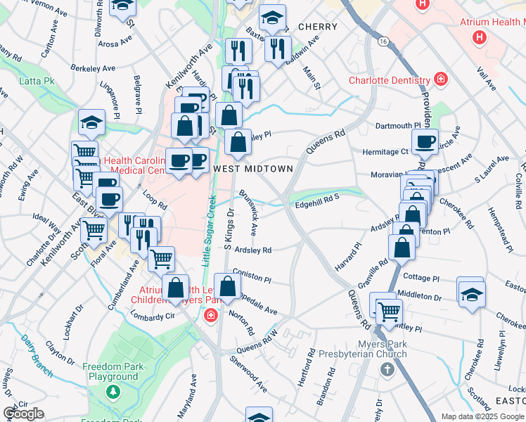 map of restaurants, bars, coffee shops, grocery stores, and more near in Charlotte