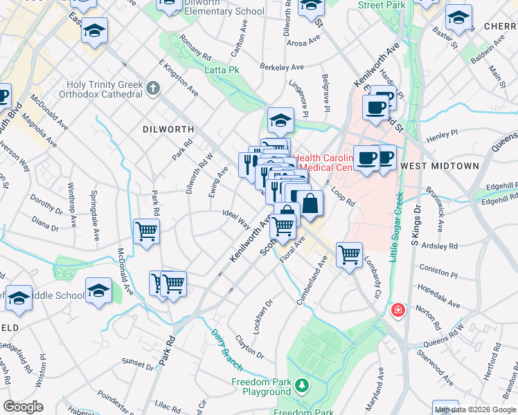 map of restaurants, bars, coffee shops, grocery stores, and more near in Charlotte