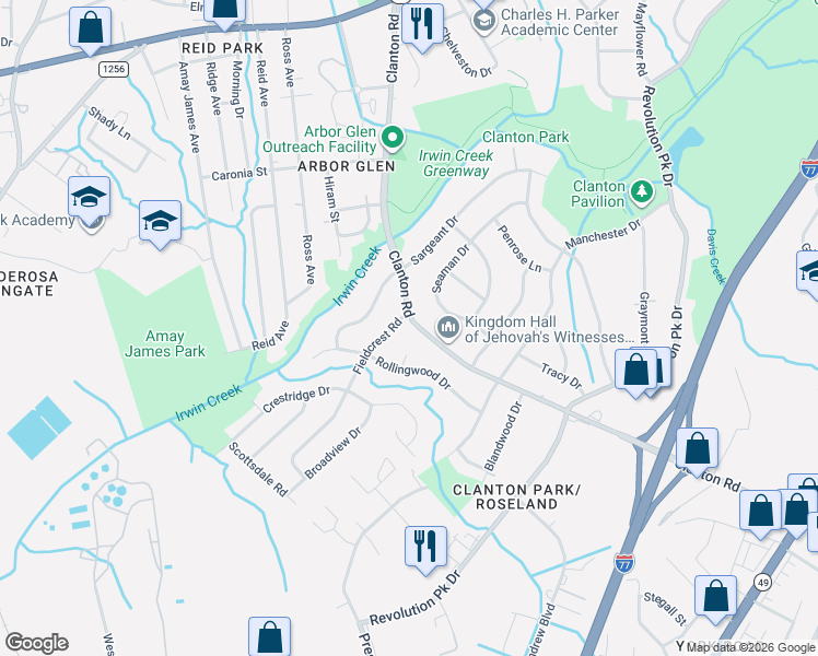 map of restaurants, bars, coffee shops, grocery stores, and more near 1128 Clanton Road in Charlotte
