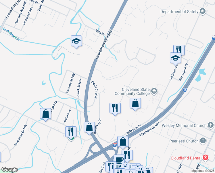 map of restaurants, bars, coffee shops, grocery stores, and more near 3480 Ridgeway Court Northwest in Cleveland