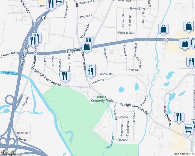 map of restaurants, bars, coffee shops, grocery stores, and more near 2817 Toehill Cove in Memphis