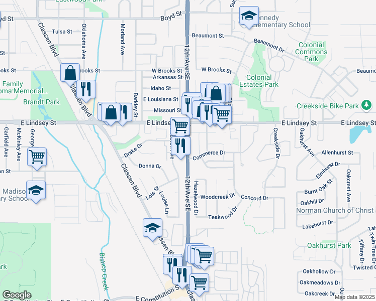 map of restaurants, bars, coffee shops, grocery stores, and more near 1375 12th Avenue Southeast in Norman