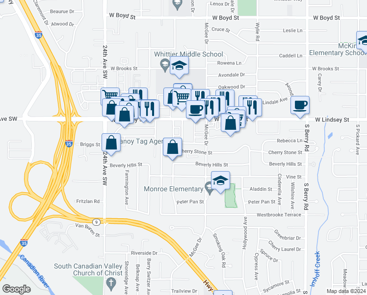 map of restaurants, bars, coffee shops, grocery stores, and more near 1907 Cherry Stone Street in Norman